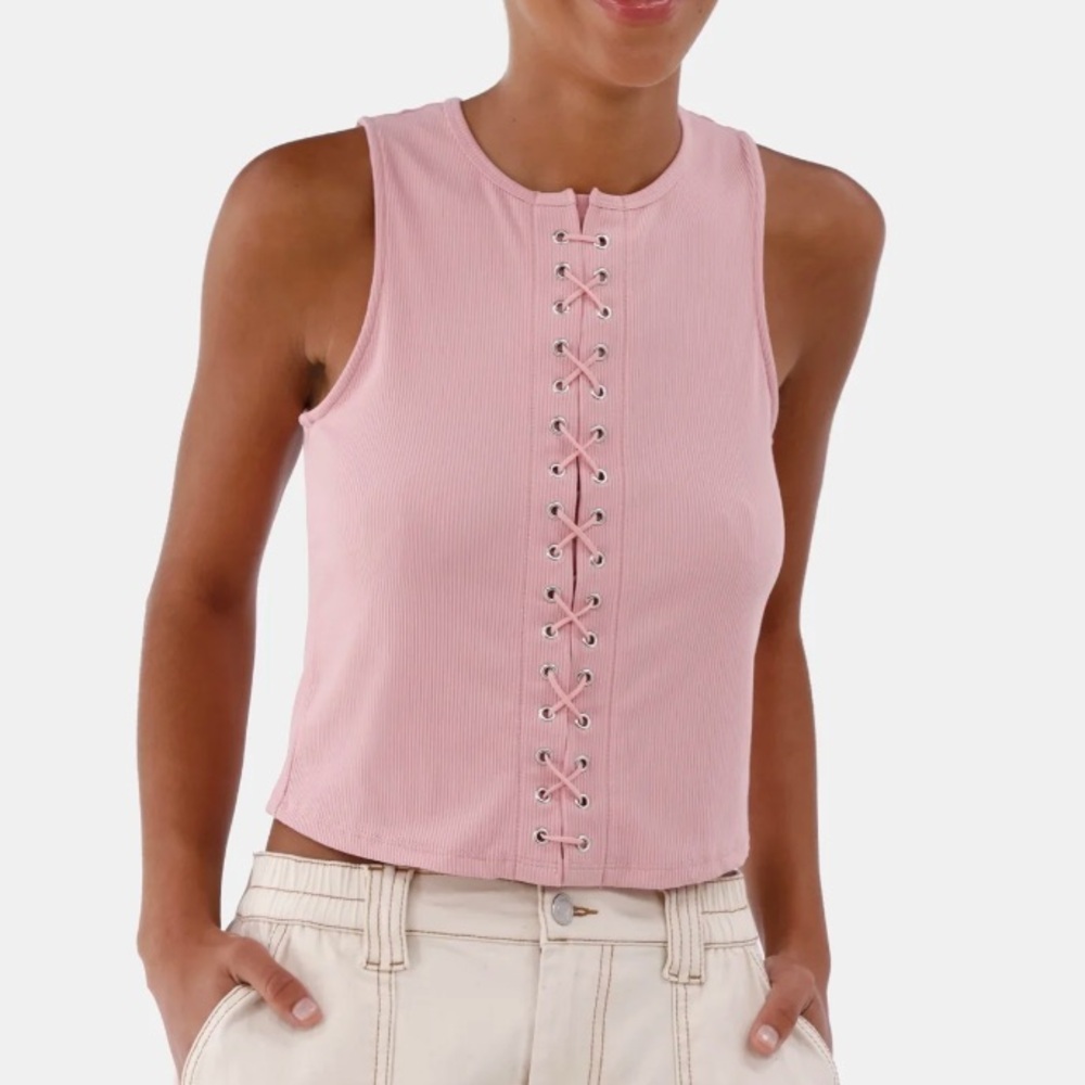 No Boundaries Pink Lace-Up Sleeveless Top - Picture 4 of 4